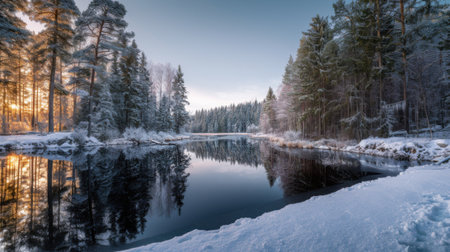 A tranquil river flows through a snow-covered forest and reflects the soft light of the setting sun. Frost-covered trees line the banks creating a peaceful winter scene.の素材
