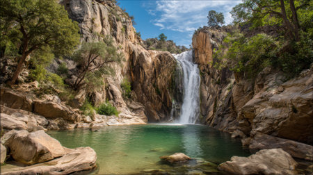 A stunning waterfall flows into a clear calm pool framed by rocky cliffs and vibrant trees under a bright blue sky. This peaceful scene invites relaxation and exploration.の素材