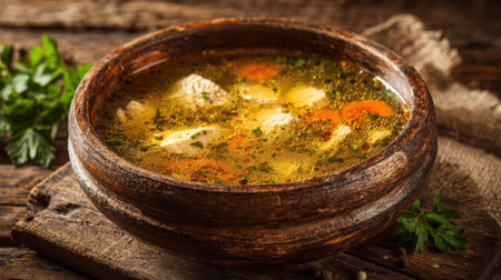 Warm chicken soup sits in a handcrafted wooden bowl on a wooden table. The broth is rich with chunks of chicken carrots and fresh herbs creating a hearty meal perfect for any time.の素材