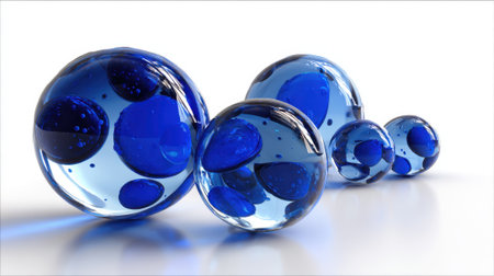 Spheres of different sizes in shades of blue are arranged in a line. They exhibit a glossy glass-like texture with dark spots creating a visually captivating effect.の素材