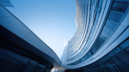 The structure displays a unique design with smooth curves and reflective glass surfaces under clear blue skies. The scene captures contemporary urban architecture in bright daylight.の素材
