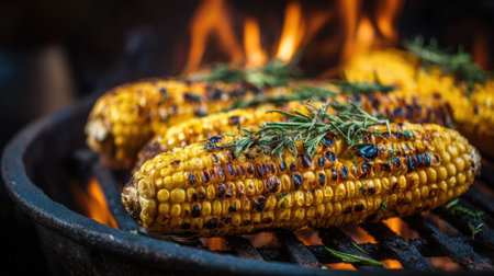 Fresh corn on the cob is being grilled over open flames, creating a delicious smoky flavor. Aromatic herbs are sprinkled on top, enhancing the summer barbecue experience.の素材
