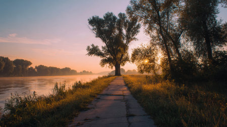 A calm riverbank scene at dawn shows a pathway lined with trees. Soft mist rises from the water as sunlight peeks through the foliage creating a serene atmosphere.の素材