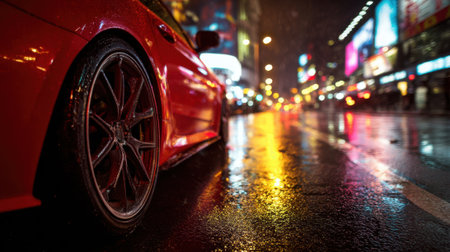 A sleek red sports car sits low to the wet street surrounded by city lights and reflections at night.の素材