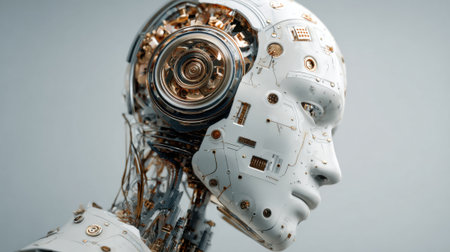 A futuristic robot head displays a blend of metallic and synthetic materials. Intricate circuits and gears are visible representing advanced engineering and design concepts in technology.の素材