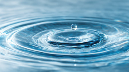 A single droplet falls into calm water creating beautiful ripples that expand outward.の素材