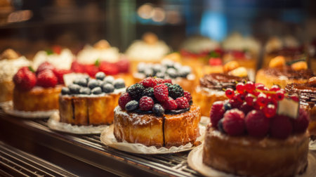 A vibrant selection of cakes topped with fresh berries is showcased in a busy bakery. The warm atmosphere invites visitors to enjoy delicious treats throughout the day.の素材