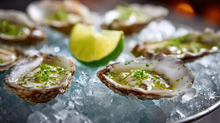 Fresh oysters are arranged on a bed of ice, garnished with herbs and served with lime wedges. This dish highlights seafood dining at a coastal restaurant during the evening.の素材