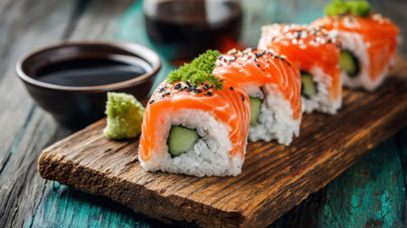 Fresh sushi rolls topped with salmon sit on a rustic wooden board. Soy sauce and wasabi accompany them on a cozy dining table, inviting a delicious meal.の素材