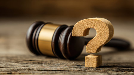 A wooden gavel lies beside a large question mark on a rustic wooden table. The scene evokes curiosity about legal matters justice and the complexities of law.の素材