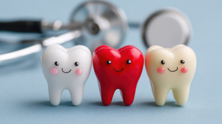 In a dental office setting three adorable cartoon teeth figures are displayed. They have smiling faces and vibrant colors creating a cheerful atmosphere. A stethoscope is visible in the background.の素材