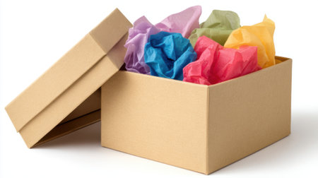 A brown gift box is open and filled with vibrant tissue paper in colors like purple pink green and yellow. It is perfect for a birthday or holiday gift at home.の素材