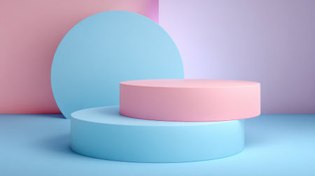 Two circular shapes one pink and one blue are positioned against a pastel backdrop. The setting creates a calm and modern atmosphere highlighting simplicity and design.の素材