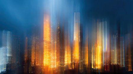 Bright city lights illuminate the skyline as colors blend and blur together in an artistic display during a nighttime scene. The lights reflect a vibrant urban atmosphere.の素材