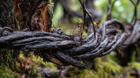 Thick twisted vines intertwine with tree roots in a dense green forest. Soft moss covers the ground and tiny plants emerge highlighting rich biodiversity and growth.の素材
