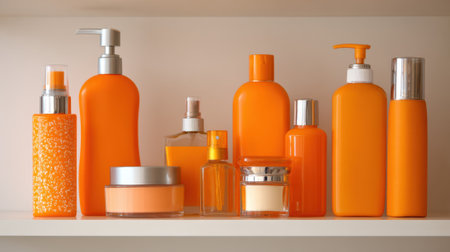 Brightly colored orange bottles and jars showcase a range of skincare products on a clean shelf.の素材