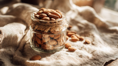 A glass jar filled with fresh almonds sits on soft linen cloth illuminated by gentle afternoon sunlight.の素材