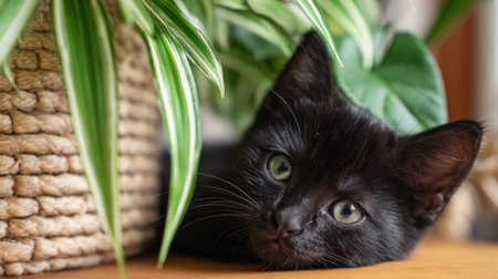 A black kitten lies calmly near a leafy plant gazing curiously with green eyes. The cozy indoor scene features warm wood tones and vibrant foliage.の素材