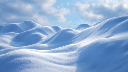 Snow blankets the ground creating smooth mounds under a serene sky filled with fluffy clouds.の素材
