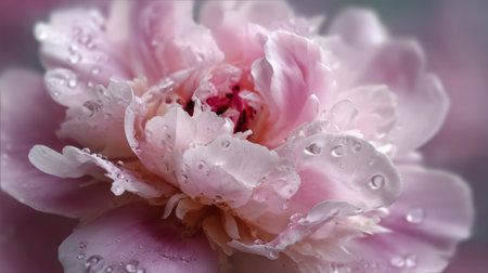 Delicate petals of a pink peony capture rain droplets showing natural beauty in soft light.の素材