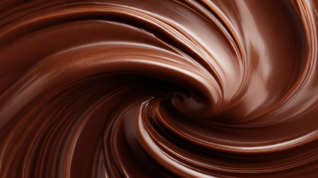 A close-up view of rich chocolate swirling elegantly highlighting its smooth and glossy texture. This creamy mixture is ideal for baking or decorating various desserts.の素材