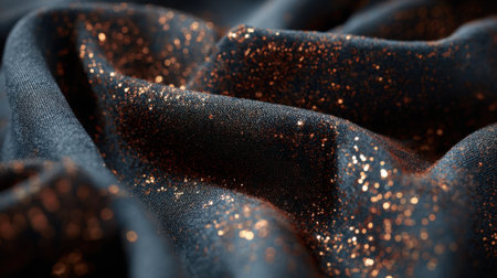 Soft deep blue fabric stretches gracefully with scattered metallic glitter creating a striking contrast and adding visual depth. Perfect for crafts fashion and decorative purposes.の素材