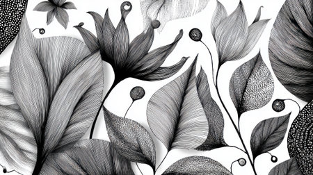 This artwork showcases a detailed arrangement of botanical elements including various leaves and flowers all rendered in elegant black and white line art.の素材