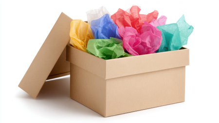 An open gift box is filled with various colorful tissue paper creating a festive look perfect for any celebration such as birthdays holidays or special events.の素材