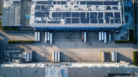 Rooftops covered with solar panels are seen above a large warehouse. Several trucks are parked at loading docks ready for the day. The scene is set in sunny daylight.の素材