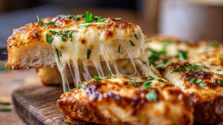 Melted cheese stretches as a warm bread stick is pulled from a rustic wooden board inviting hunger.の素材