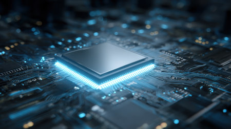 A microchip sits prominently on a circuit board surrounded by intricate pathways and glowing blue lights. This scene highlights the complexity of modern electronics and technology.の素材