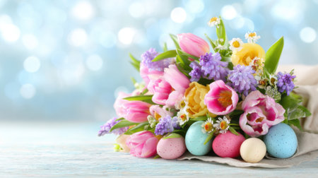 A vibrant bouquet of spring flowers including tulips and small daisies sits next to pastel-colored eggs. The background features a soft sparkling light that enhances the festive atmosphere.の素材