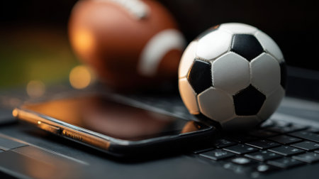 A smartphone rests on a laptop keyboard alongside a football and a soccer ball. This scene captures a blend of technology and sports gear highlighting modern sports culture.の素材