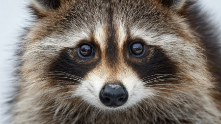 Raccoon gazes curiously with bright eyes showing its distinct fur and curious nature.の素材