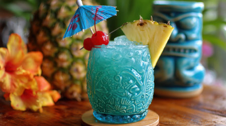 A bright blue cocktail is presented with a small umbrella and fruit garnishes. The drink is placed on a wooden surface surrounded by tropical decorations creating a festive atmosphere.の素材