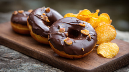 A wooden platter displays three chocolate glazed donuts topped with bits of caramel. Golden potato chips accompany the sweet treats creating a delightful contrast in taste.の素材