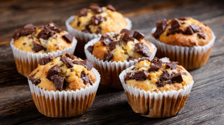 Delicious chocolate chip muffins are cooling on a rustic wooden table. The warm muffins have chunks of chocolate on top inviting a taste in a home kitchen.の素材