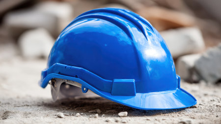 Bright blue construction helmet lies on the sandy ground of a construction site. Rubble is scattered nearby and the sun casts shadows across the area in the afternoon.の素材