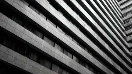 A tall concrete building with horizontal lines and numerous windows. The modern architectural design emphasizes symmetry and urban life in a monochrome setting.の素材