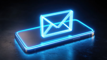 A smartphone displays a glowing neon blue email symbol above it, illustrating modern communication. The scene highlights the importance of technology in daily interactions.の素材