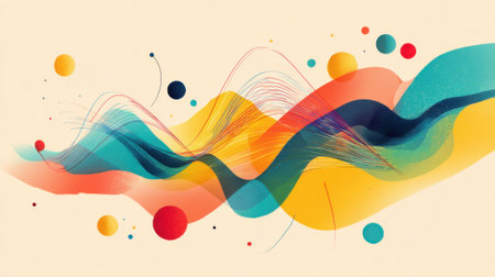 This artwork features an explosion of colors with smooth lines and shapes flowing harmoniously. Circular forms in red blue and yellow create a lively atmosphere.の素材