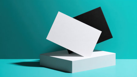A black card and a white card are creatively positioned on top of a light blue surface. The strong contrast between the colors adds a bold touch to the contemporary arrangement.の素材