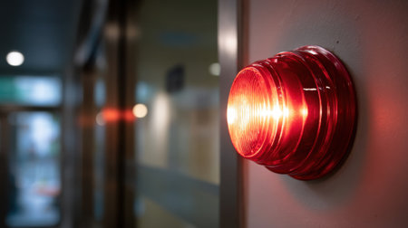 A bright red warning light is lit indicating an alert in a bustling hospital corridor during late afternoon. Nurses and staff are moving about responding to the situation.の素材