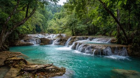Visitors can enjoy the peaceful atmosphere and vibrant colors of turquoise waters flowing over rocks in the rainforest. Sunlight filters through the trees enhancing the beauty of the scenery.の素材