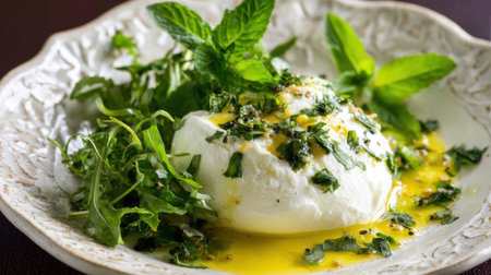 A beautiful serving of burrata cheese is elegantly presented with fresh herbs arugula and dressed with olive oil creating a vibrant and appetizing dish.の素材