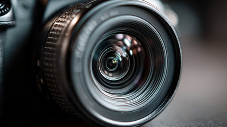 A close-up view of a camera lens shows its intricate details and the reflections within. Soft lighting enhances the glass texture capturing the lens design beautifully.の素材