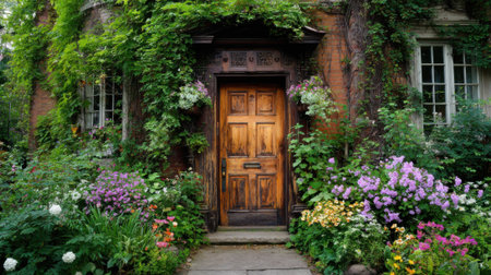 This scene features a charming wooden door framed by colorful flowers and dense green foliage. The inviting entrance creates a peaceful garden atmosphere.の素材
