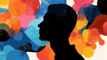 Silhouette of a person is surrounded by vibrant abstract shapes in various colors. The artwork combines bold hues that create a striking visual effect evoking thoughts and emotions.の素材