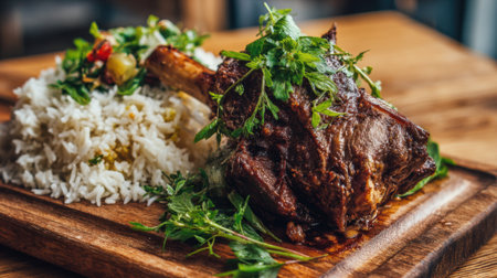 Tender lamb shank is perfectly cooked and garnished with fresh herbs served alongside fluffy rice.の素材