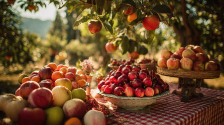Bountiful apples are arranged on tables in an orchard during autumn. The warm sunlight highlights ripe fruit hanging from trees while visitors enjoy the harvest atmosphere.の素材